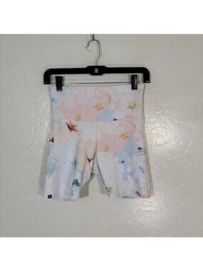 Onzie Shorts Womens S/M White Floral Ribbed High Rise Biker Yoga Gym Athletic